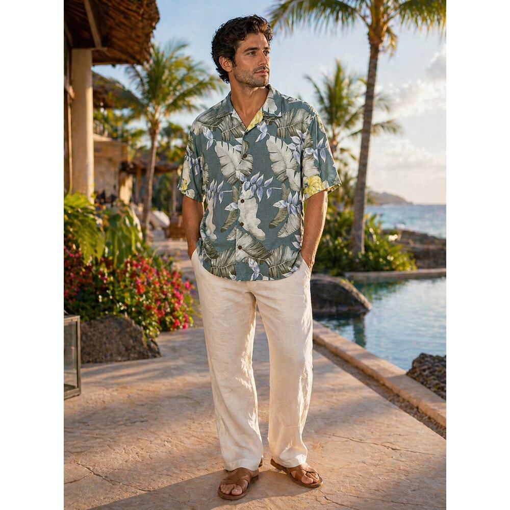 TOMMY BAHAMA 100% Silk Hawaiian Shirt Blue Green Tropical Size Large